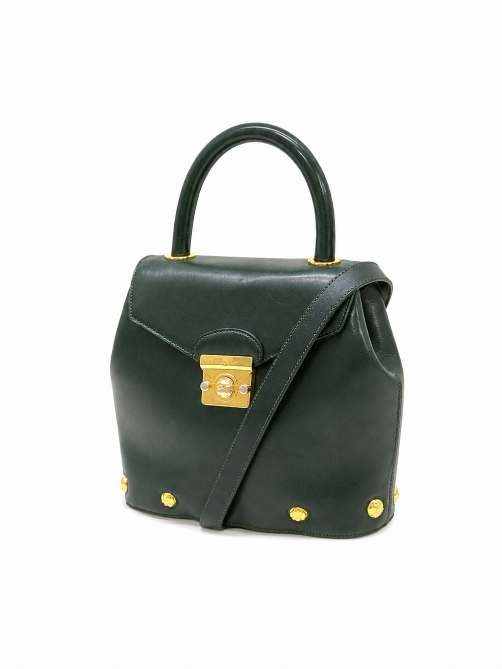 Vintage Salvatore Ferragamo Dark Green Leather Gancini Top Handle Bag - Picture 4 of 16